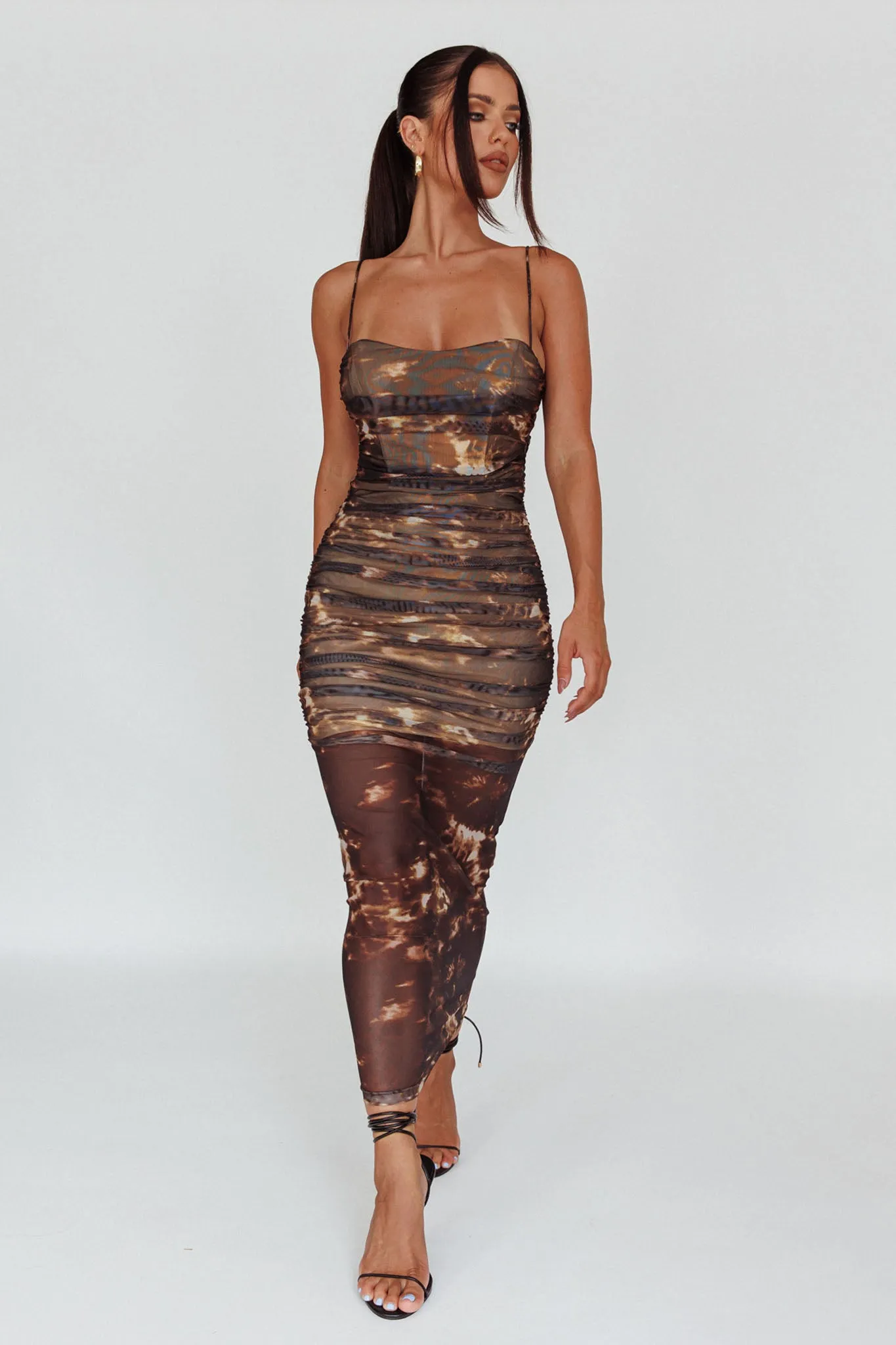 Logan Strapless Ruched Midi Dress Brown sold by Selfie Leslie