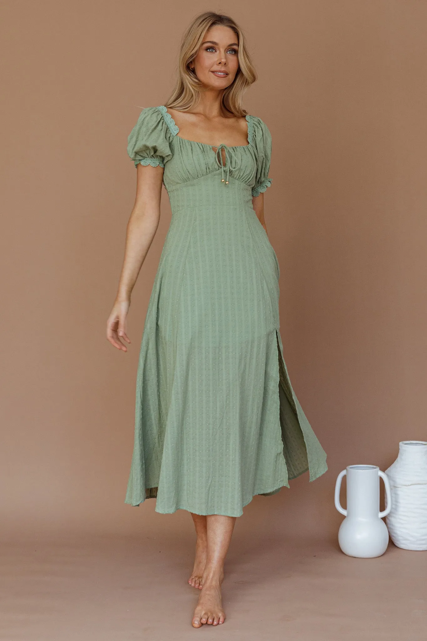 Chablis Gathered Bust Puff Sleeve Midi Dress Sage sold by Selfie Leslie product image thumbnail 4