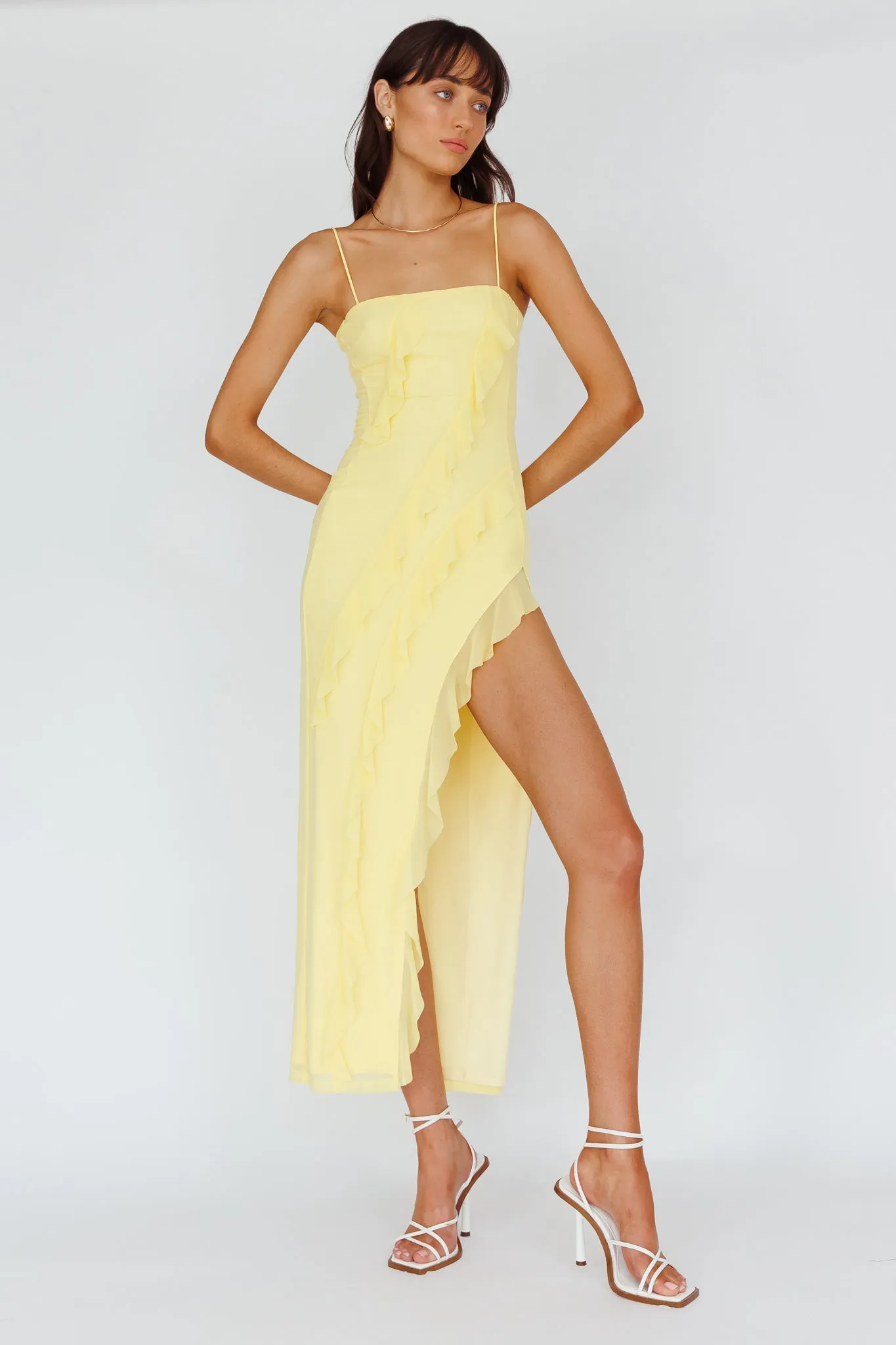 Catriona Split Ruffle Midi Dress Lemon sold by Selfie Leslie
