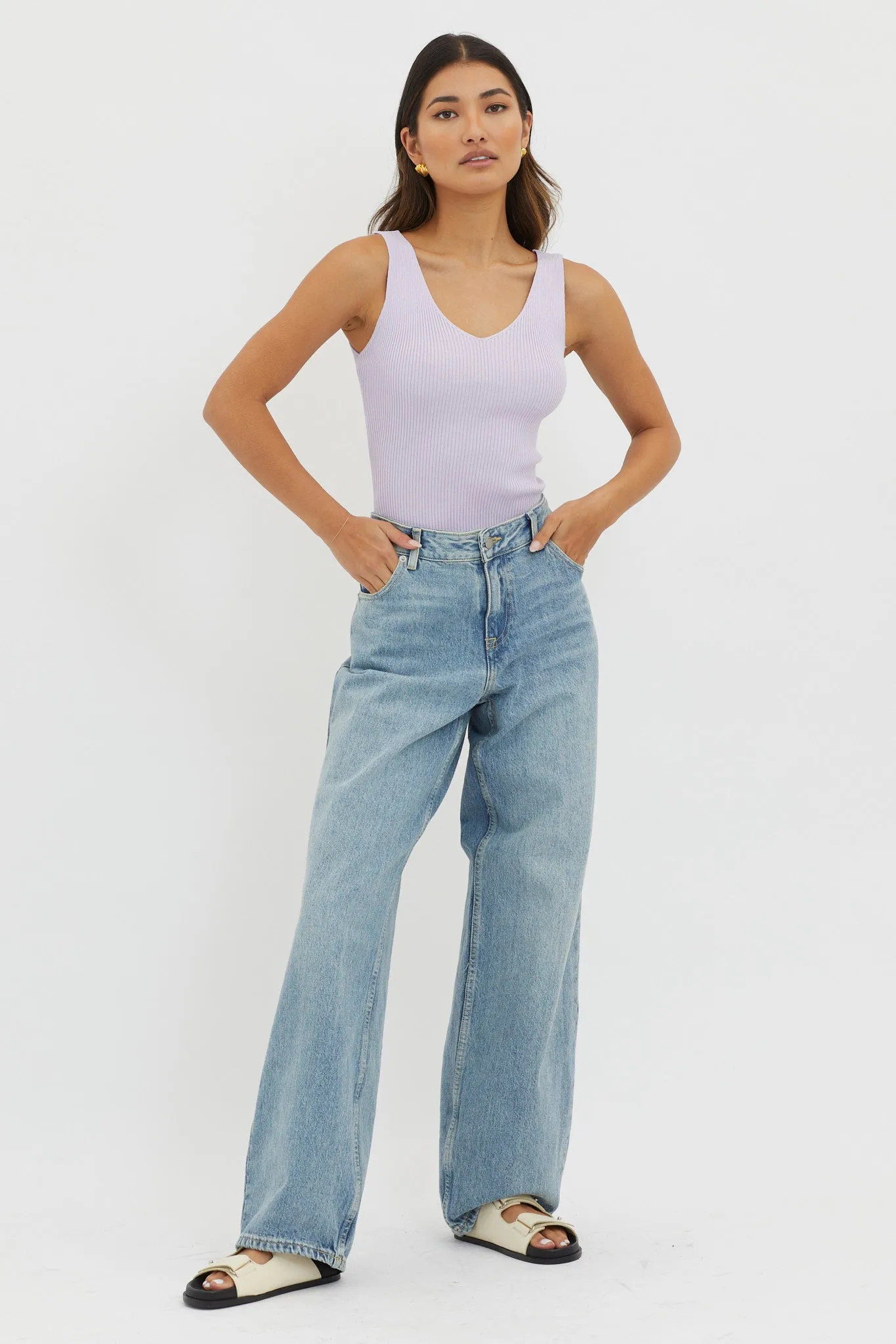 Off-Duty V-Neck Ribbed Knit Top Lilac sold by Selfie Leslie product image thumbnail 3