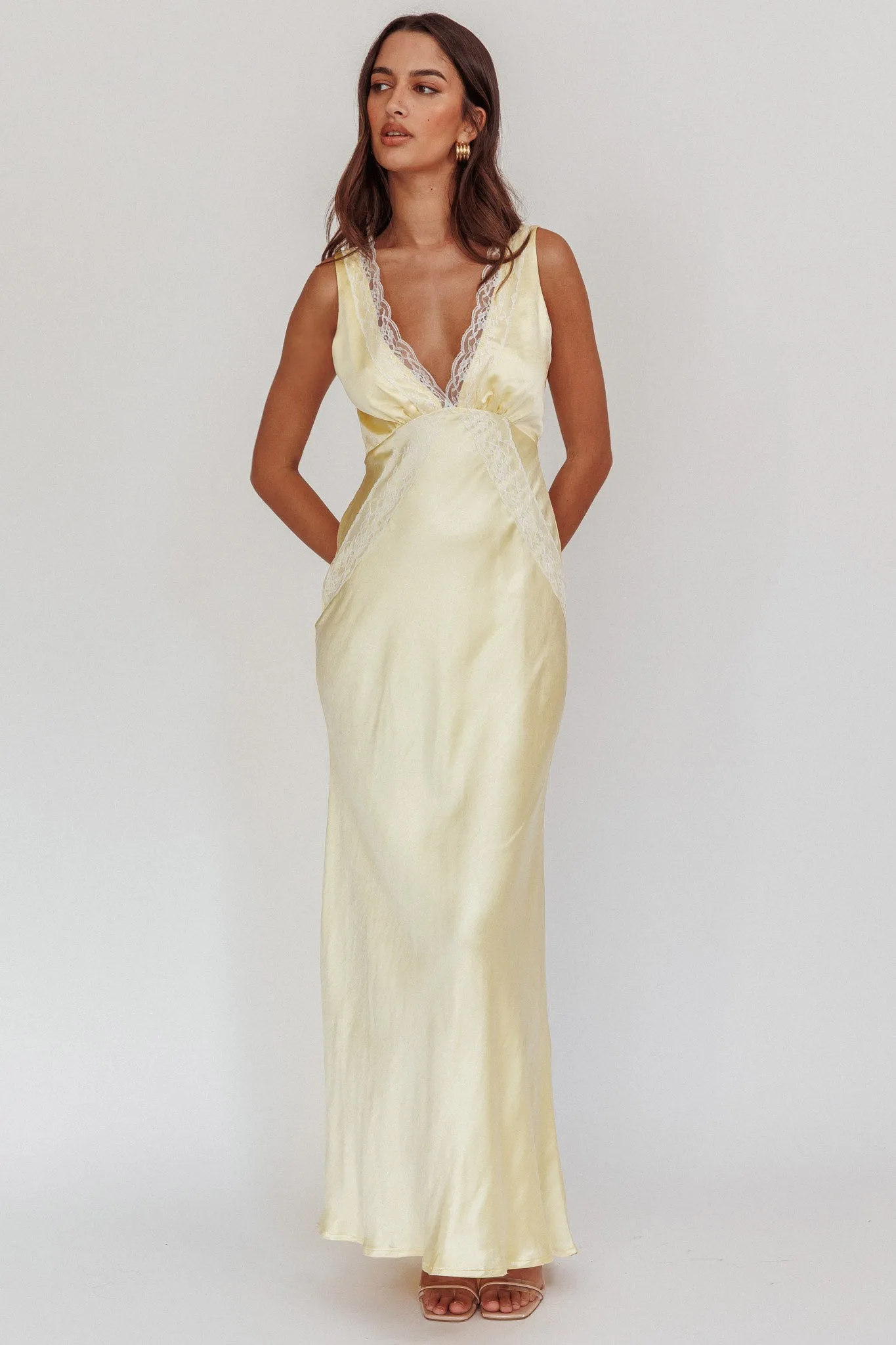 Ivonne Lace Trim V-Neck Maxi Dress Butter sold by Selfie Leslie