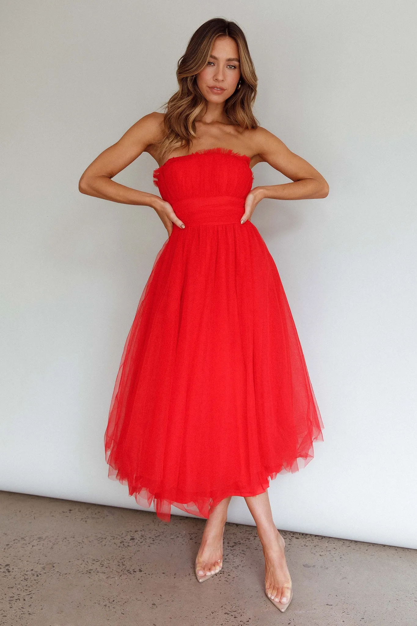 Fayette Strapless Mesh Midi Dress Red sold by Selfie Leslie product image thumbnail 3