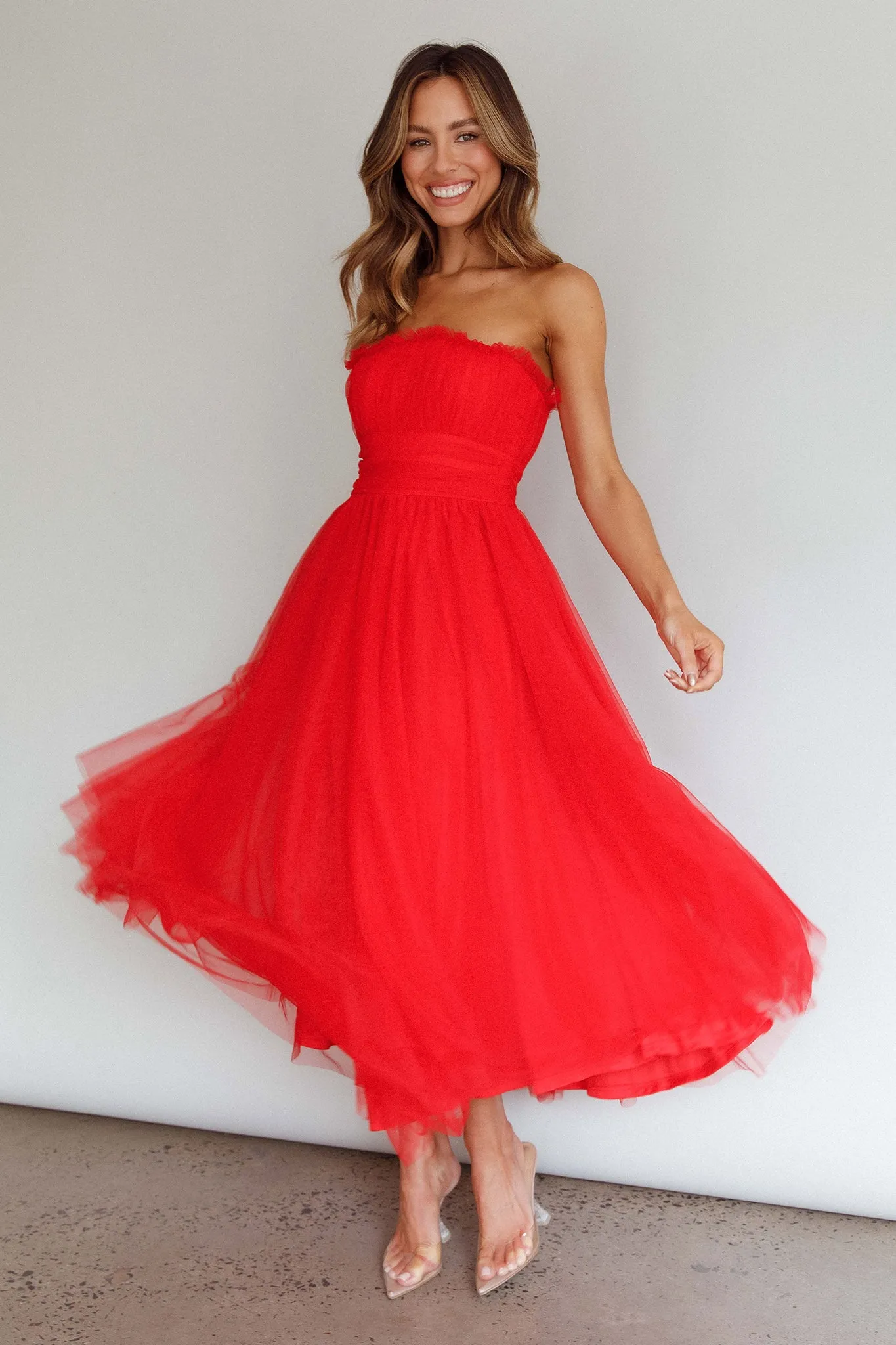 Fayette Strapless Mesh Midi Dress Red sold by Selfie Leslie