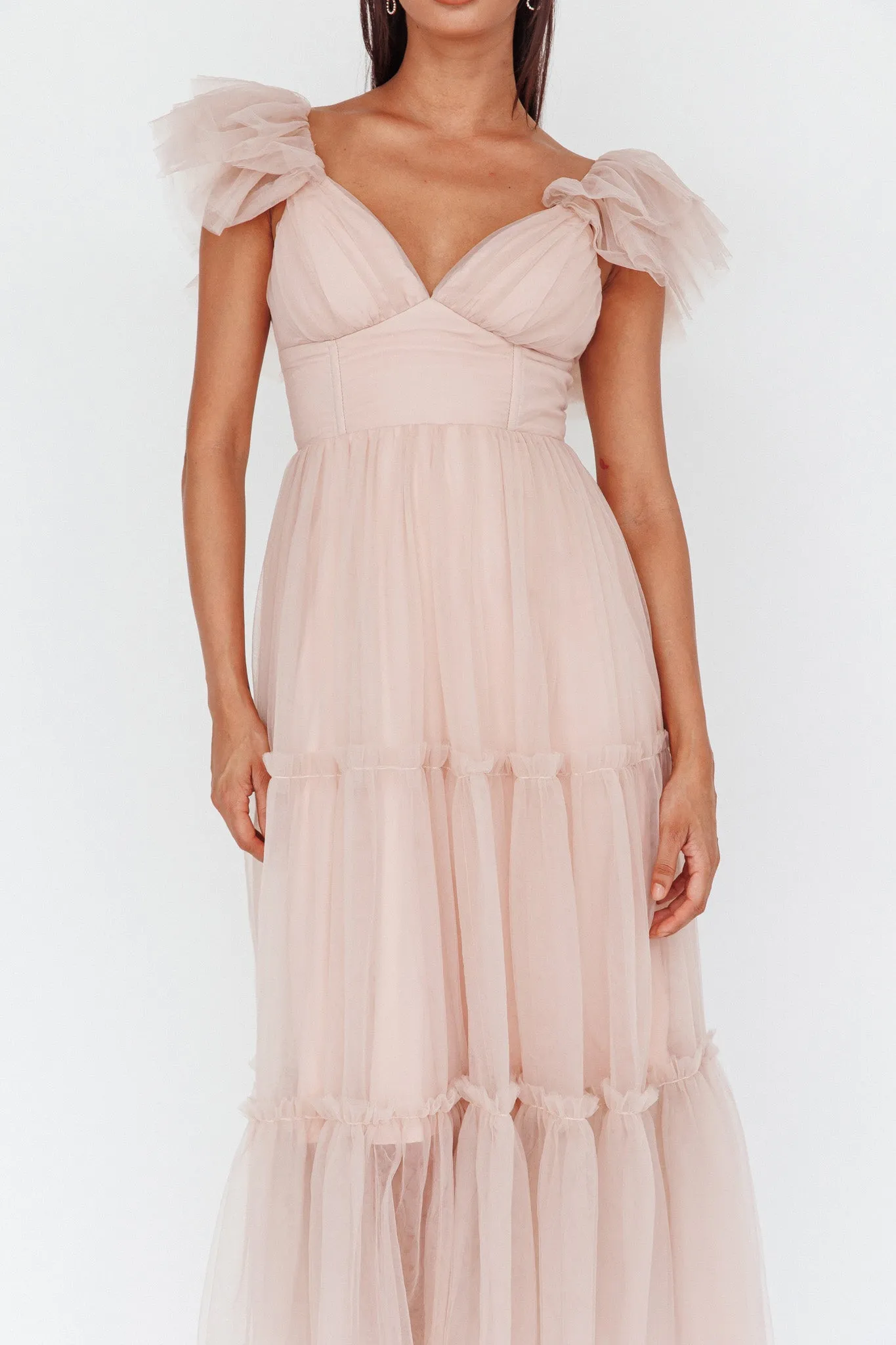 Amal Ruffle Shoulder Tulle Midi Dress Nude sold by Selfie Leslie product image thumbnail 4