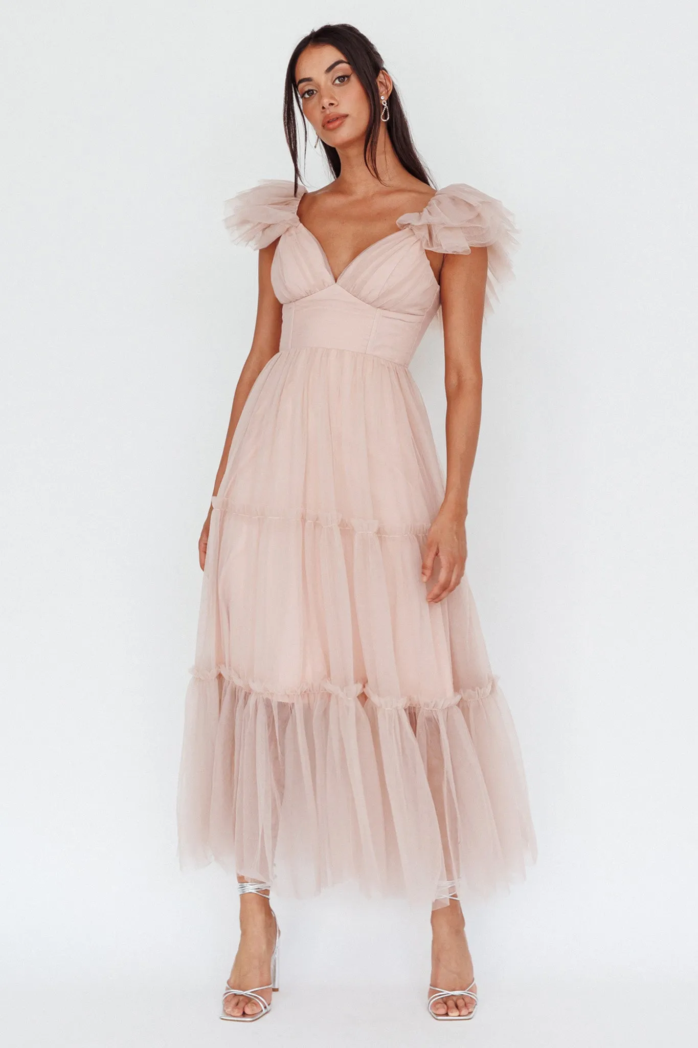 Amal Ruffle Shoulder Tulle Midi Dress Nude sold by Selfie Leslie product image thumbnail 3