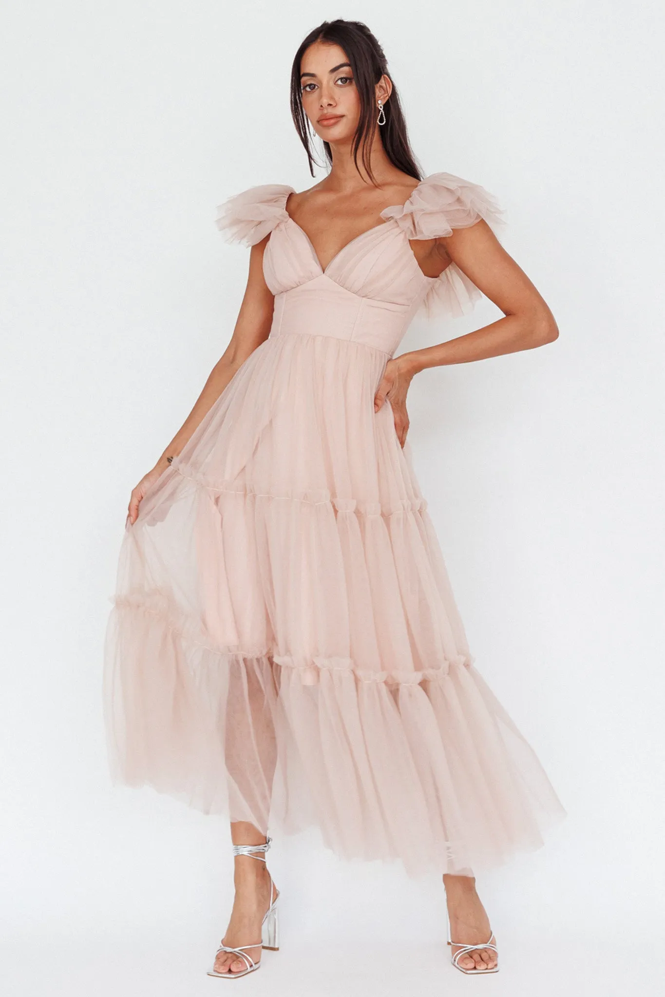 Amal Ruffle Shoulder Tulle Midi Dress Nude sold by Selfie Leslie product image thumbnail 5