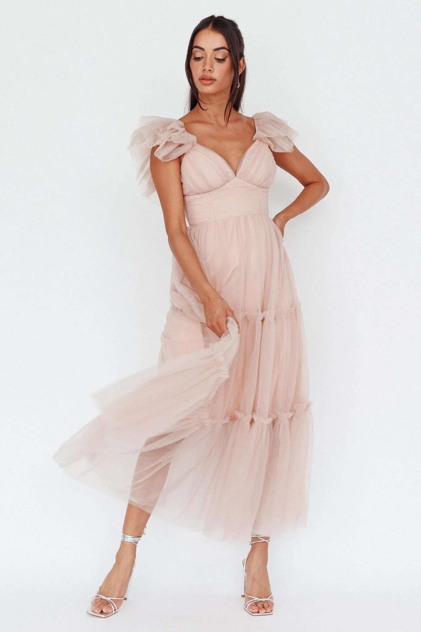 Amal Ruffle Shoulder Tulle Midi Dress Nude sold by Selfie Leslie
