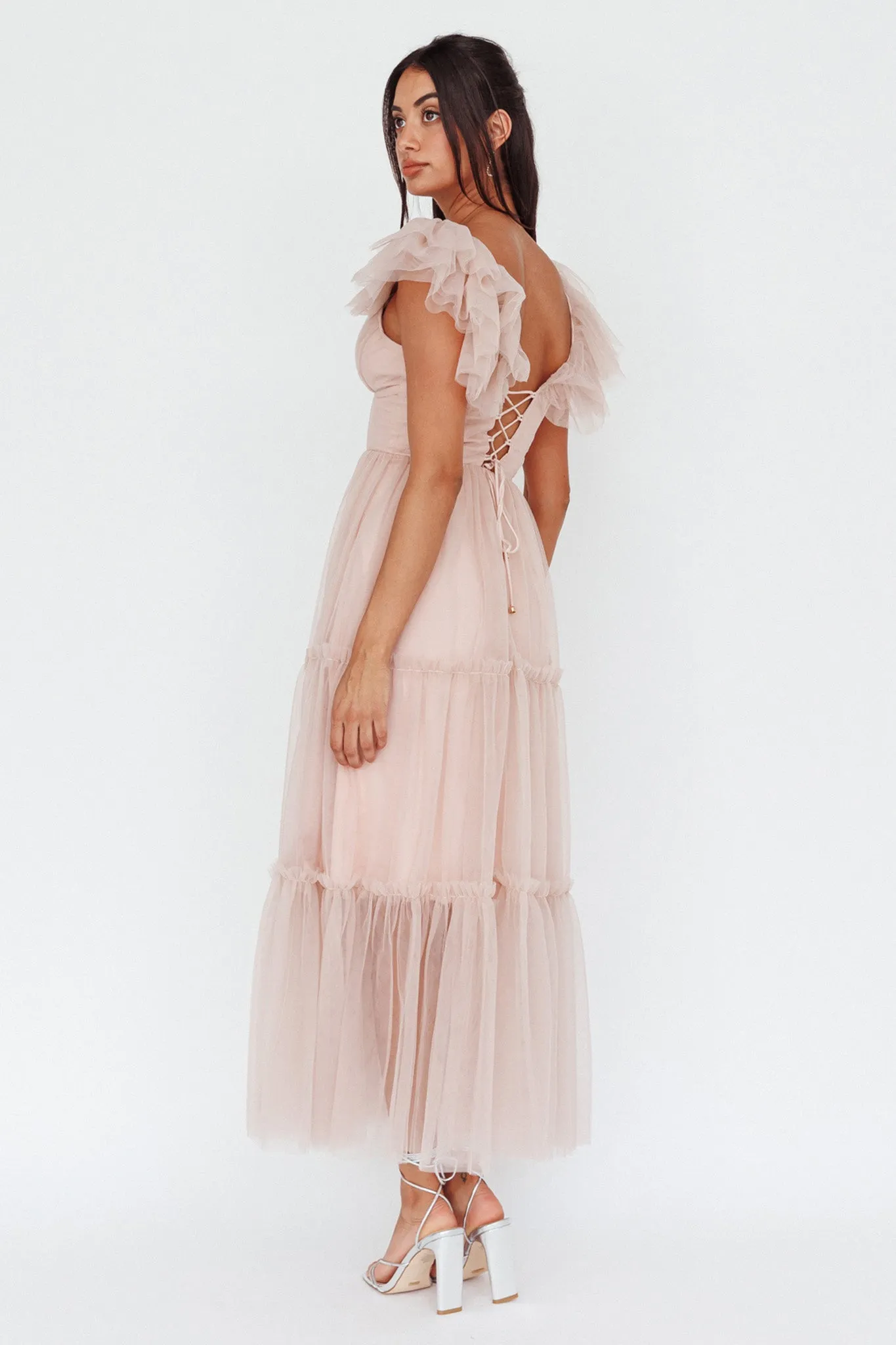 Amal Ruffle Shoulder Tulle Midi Dress Nude sold by Selfie Leslie product image thumbnail 2