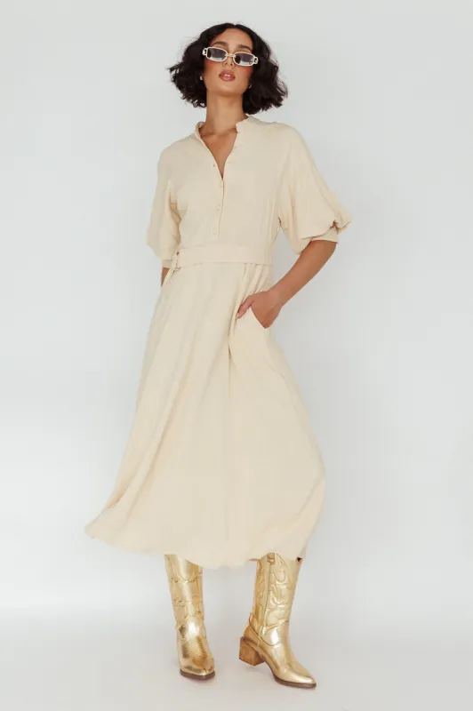 Mallory Belted Waist Lantern Sleeve Midi Dress Beige sold by Selfie Leslie