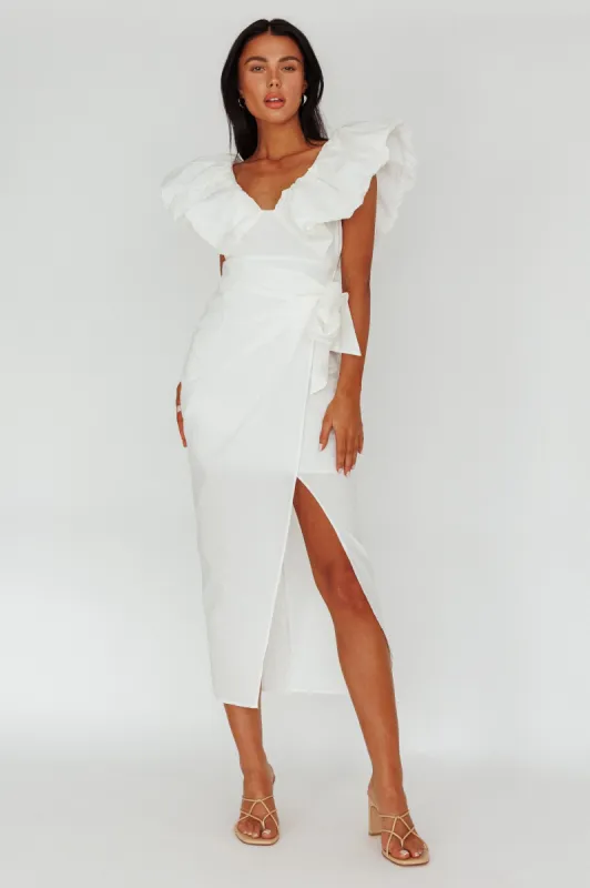 Kahlo Ruffle Neckline Wrap Midi Dress White sold by Selfie Leslie