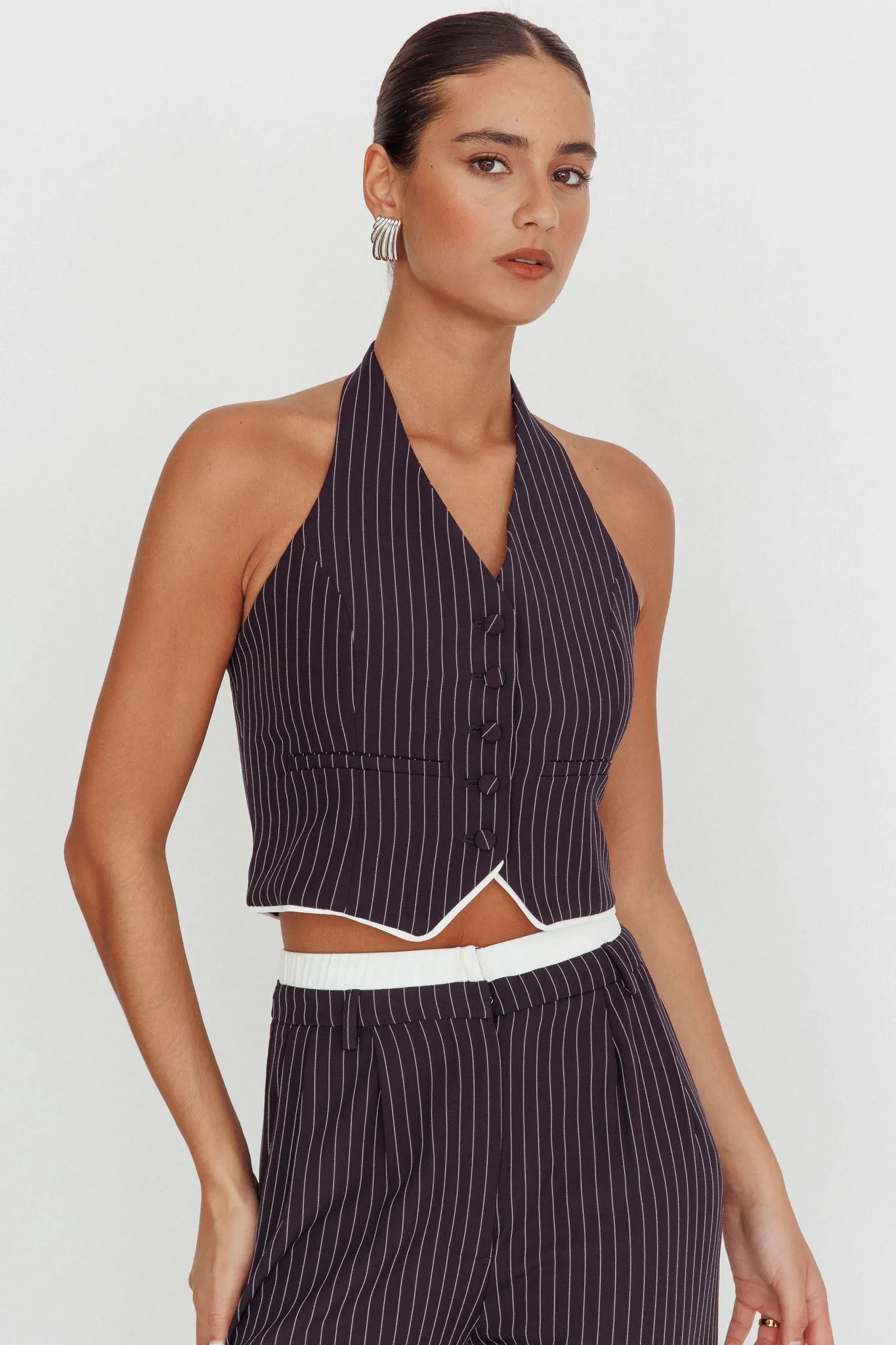 Lilija Pinstripe Halter Neck Vest Navy sold by Selfie Leslie