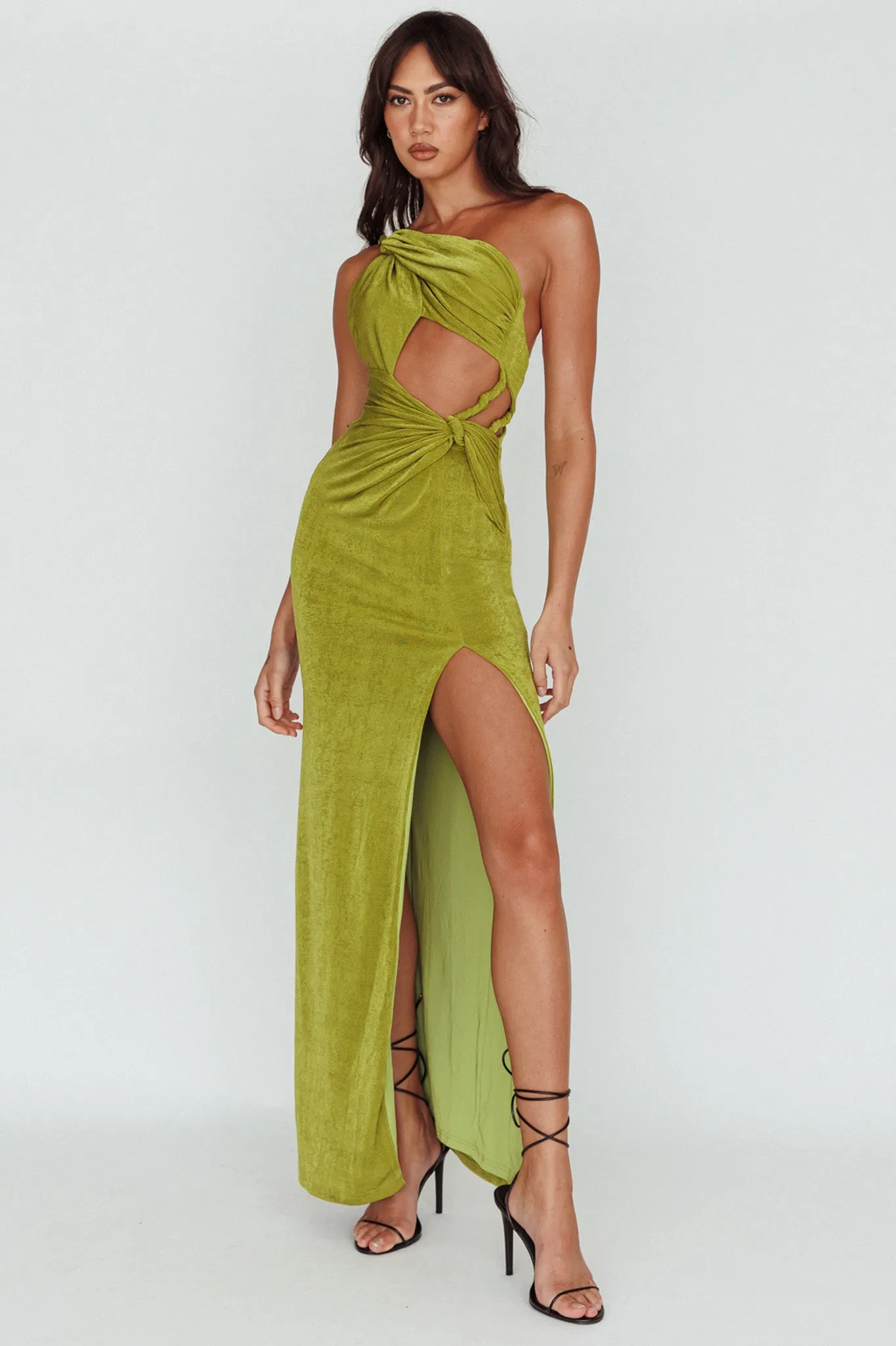 Kiah Twist Accent Thigh Split Midi Dress Moss sold by Selfie Leslie
