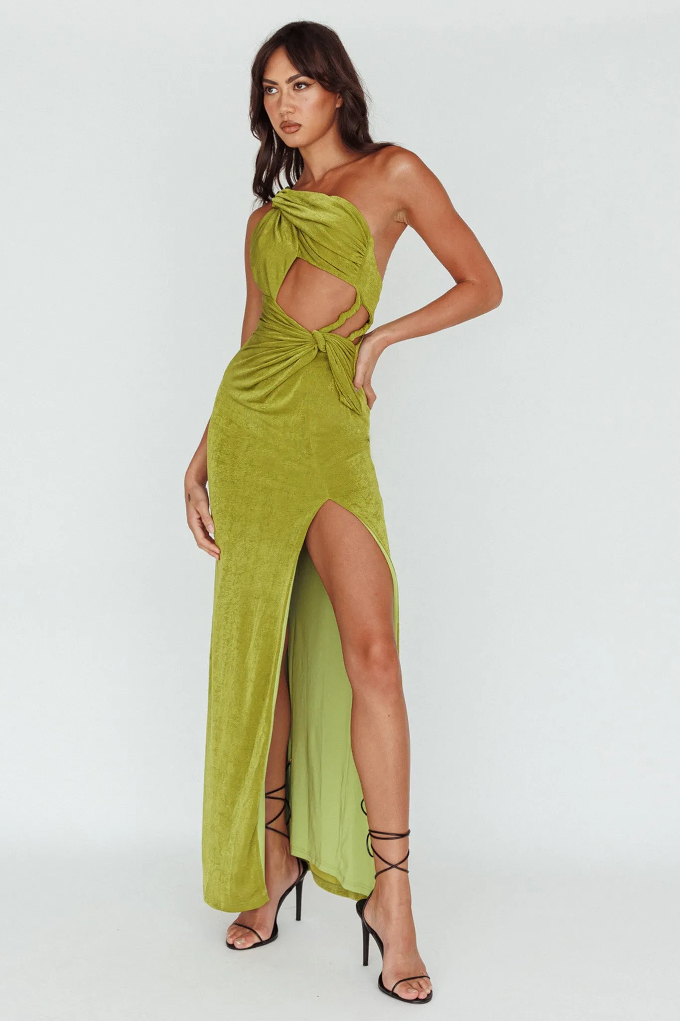 Kiah Twist Accent Thigh Split Midi Dress Moss sold by Selfie Leslie product image thumbnail 3
