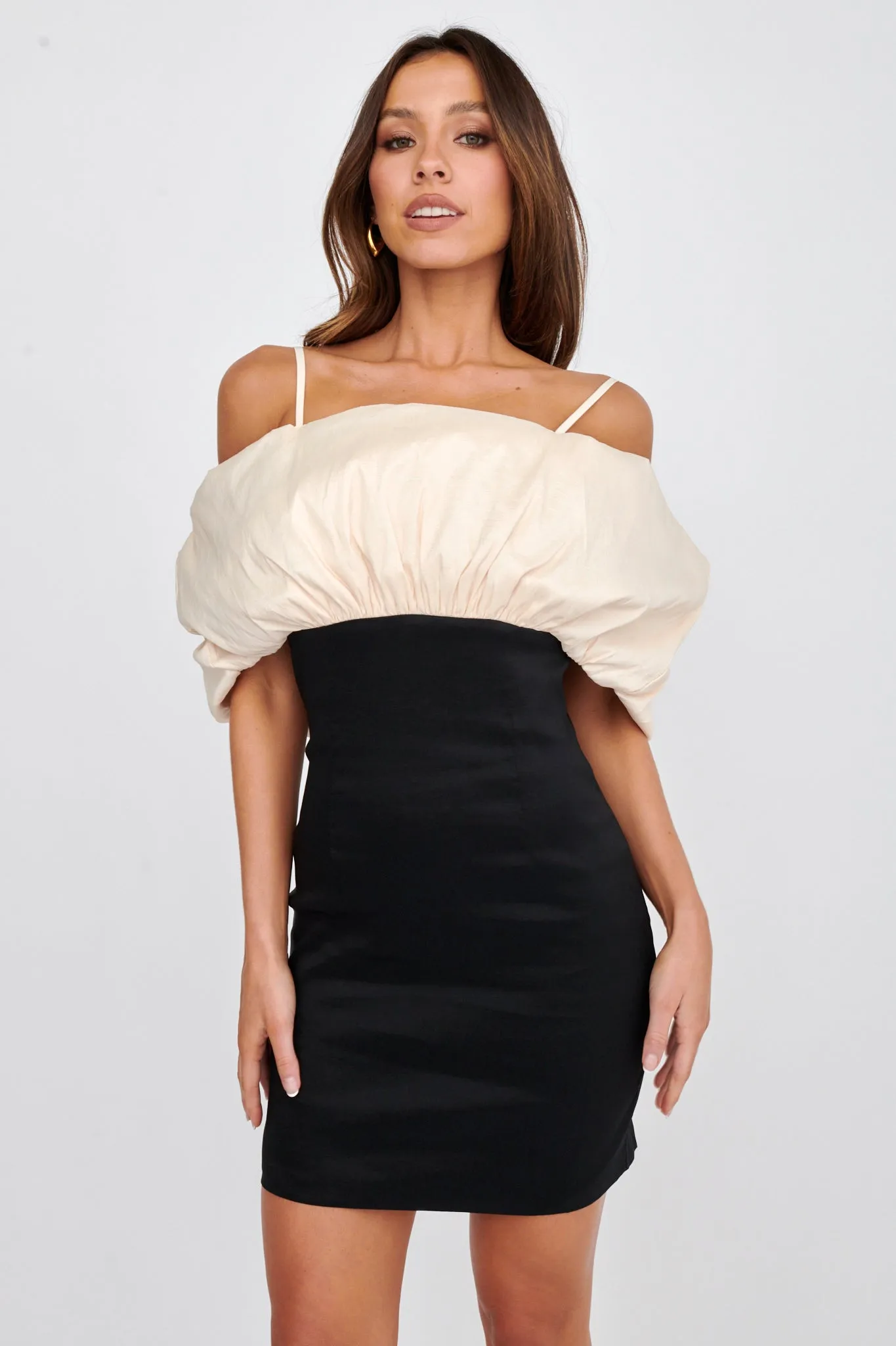 Cosima Puffed Neckline Mini Dress Black/Champagne sold by Selfie Leslie