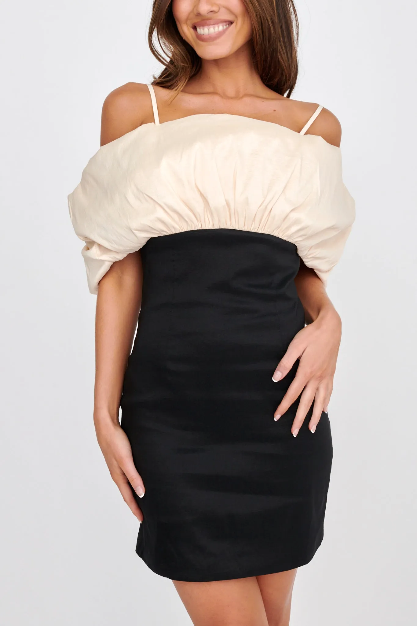 Cosima Puffed Neckline Mini Dress Black/Champagne sold by Selfie Leslie product image thumbnail 4