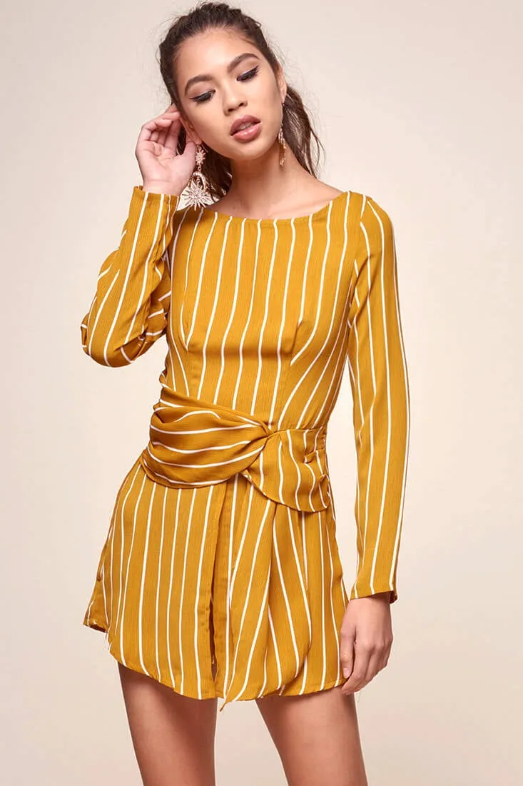 Abbey Waist Tie Pinstripe Romper Mustard & White sold by Selfie Leslie