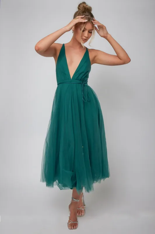 Floating By Plunging Neckline Mesh Overlay Midi Dress Forest Green sold by Selfie Leslie