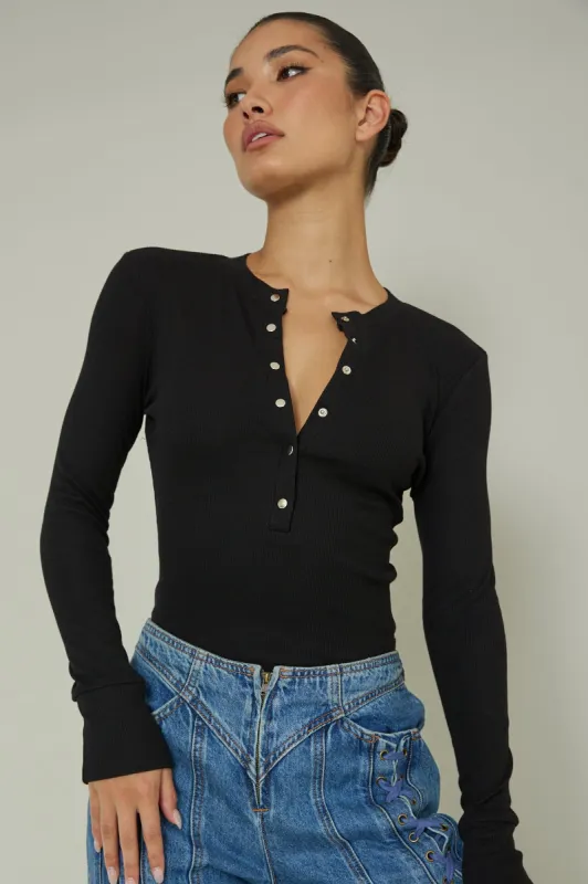 Henley Snap Front Bodysuit Black sold by Selfie Leslie