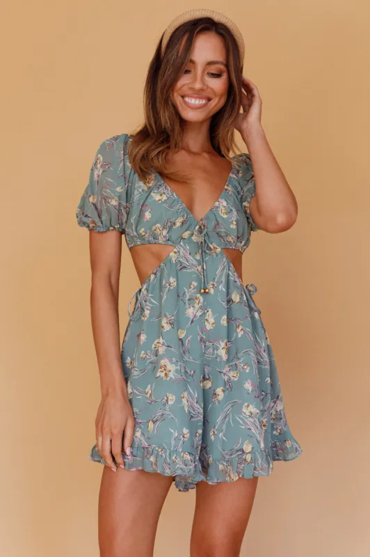 Fancy Free Cut-Out Waist Romper Floral Sage sold by Selfie Leslie