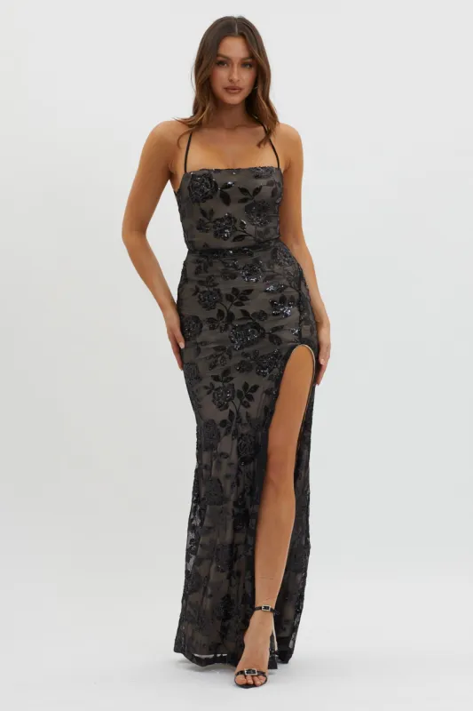 Sparks Fly Sequin Embellished Maxi Dress Black/Nude sold by Selfie Leslie