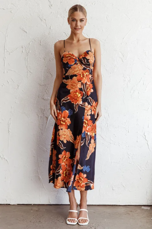 Missoula Cami Strap Padded Bust Midi Dress Flower Orange sold by Selfie Leslie