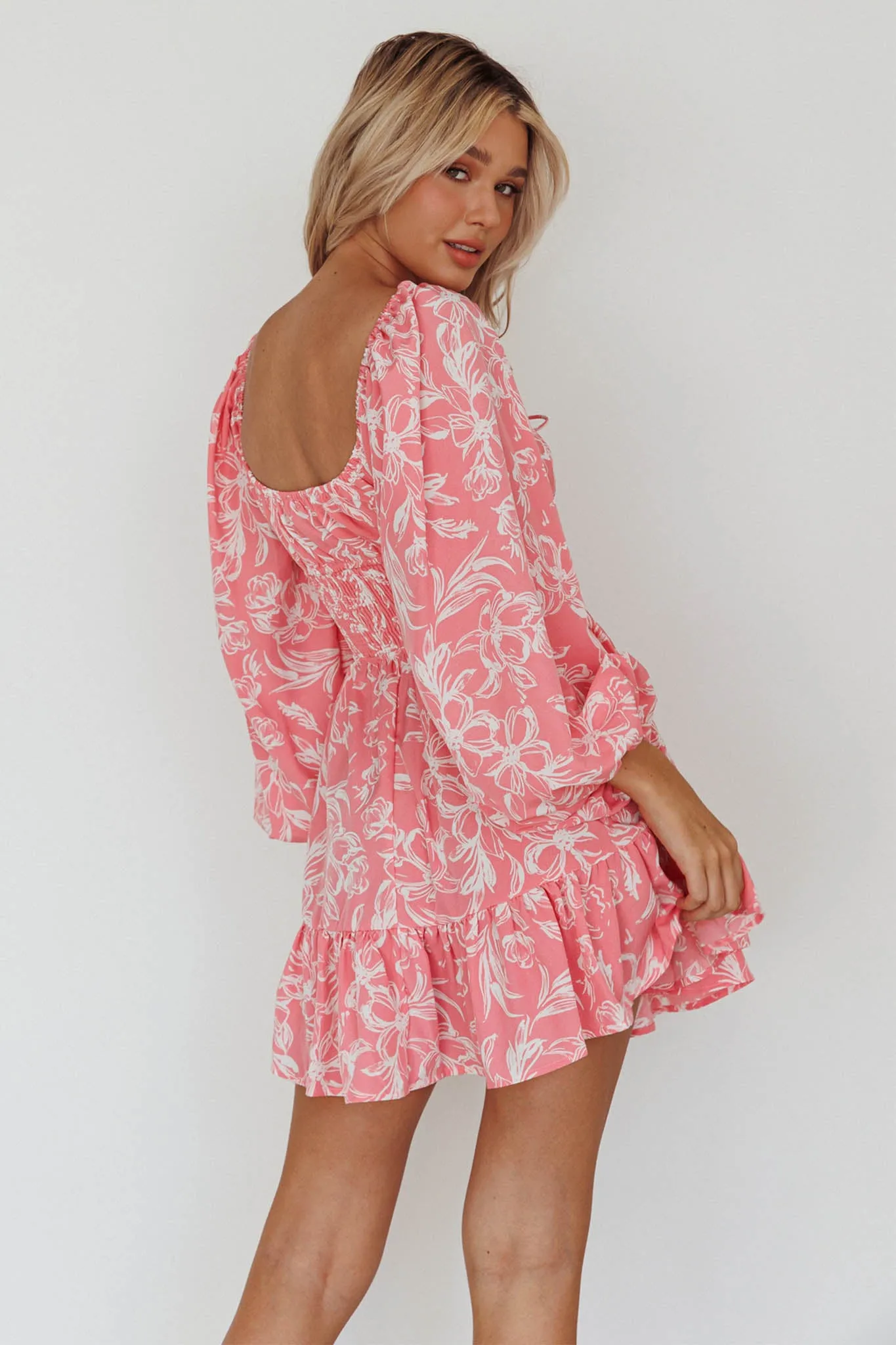 Amilie Shirred Long Sleeve Dress Floral Pink sold by Selfie Leslie product image thumbnail 2
