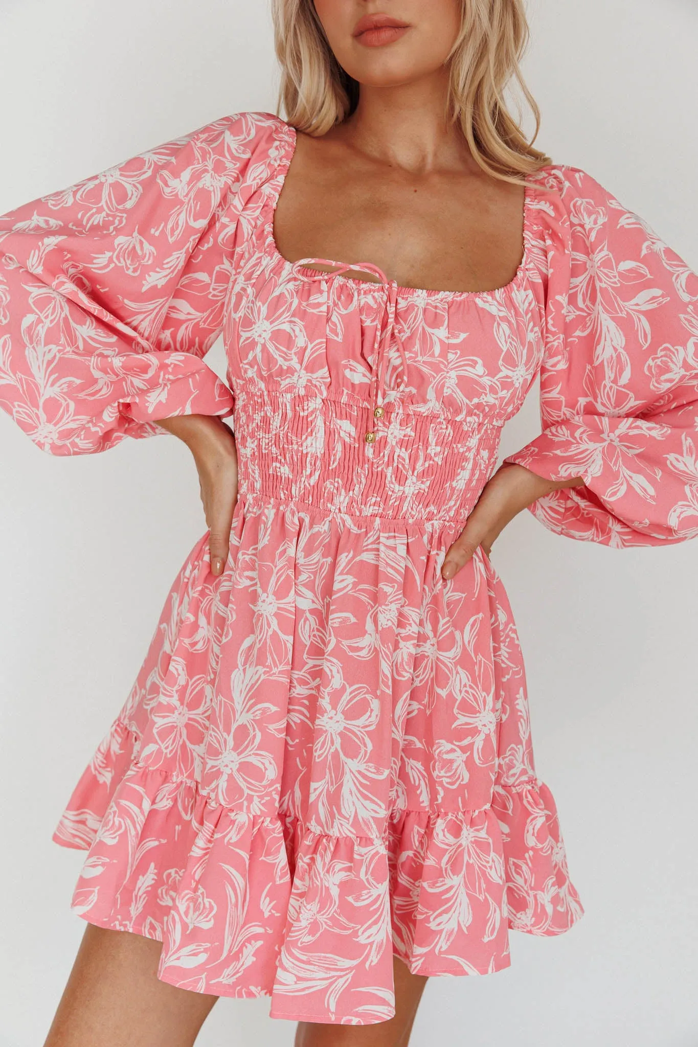 Amilie Shirred Long Sleeve Dress Floral Pink sold by Selfie Leslie product image thumbnail 4