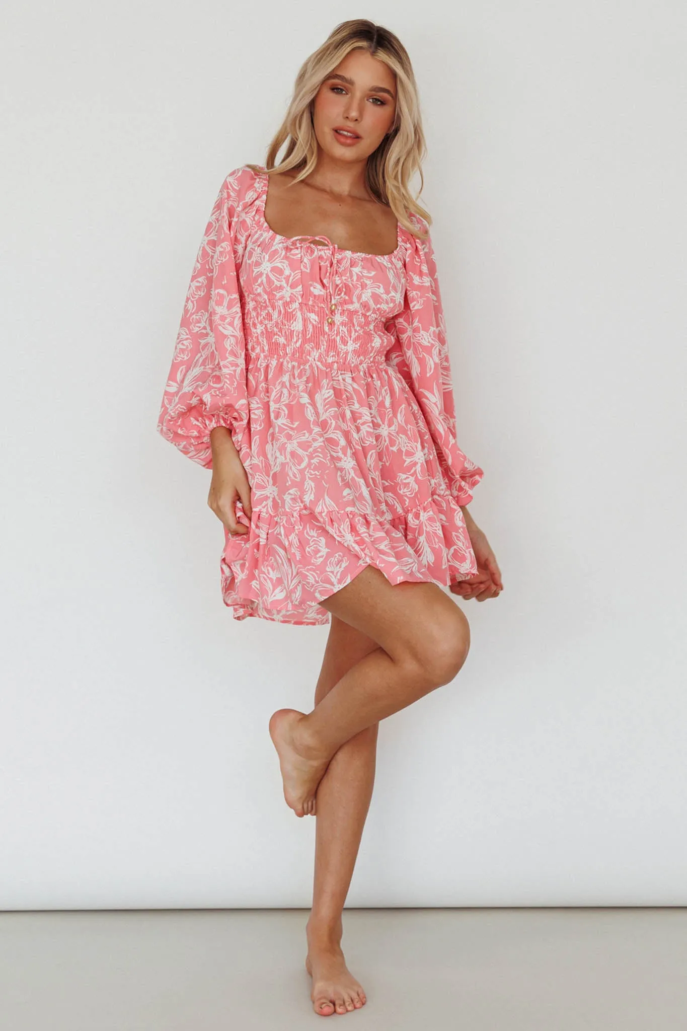 Amilie Shirred Long Sleeve Dress Floral Pink sold by Selfie Leslie product image thumbnail 3