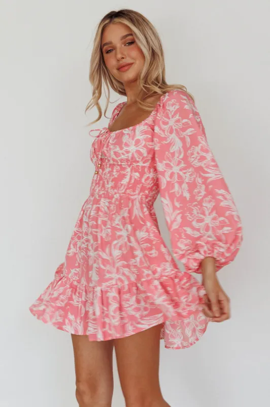 Amilie Shirred Long Sleeve Dress Floral Pink sold by Selfie Leslie