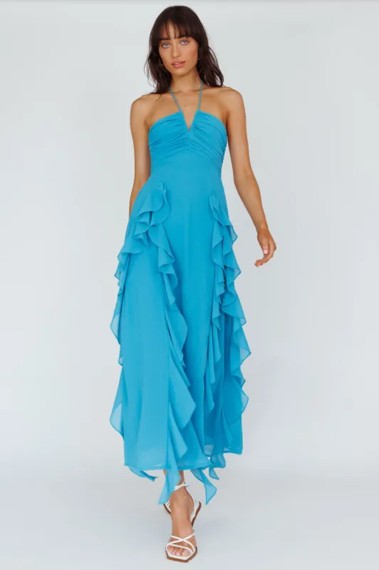 Asiah Ruffle Trim Halterneck Maxi Dress Cerulean Blue sold by Selfie Leslie