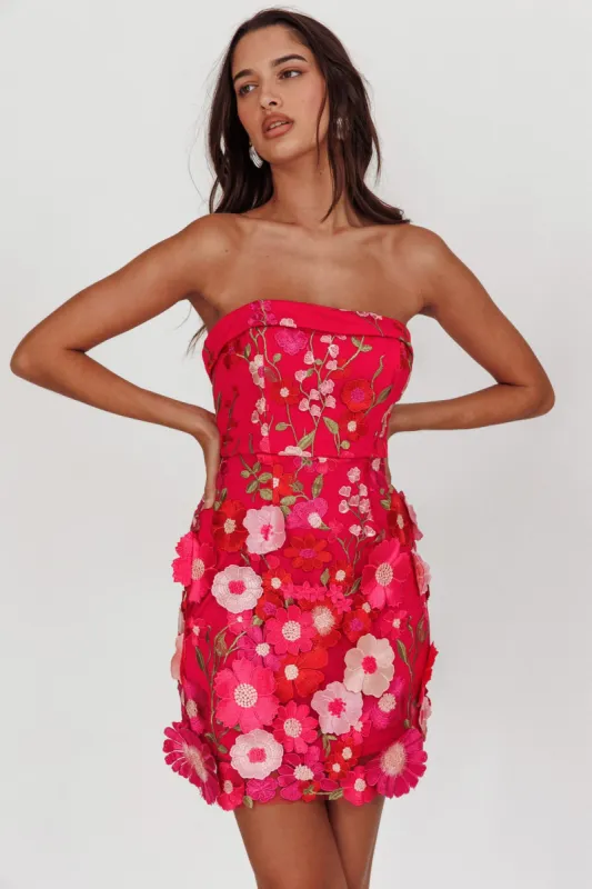 Flora Day Strapless Floral Embellished Mini Dress Fuchsia sold by Selfie Leslie