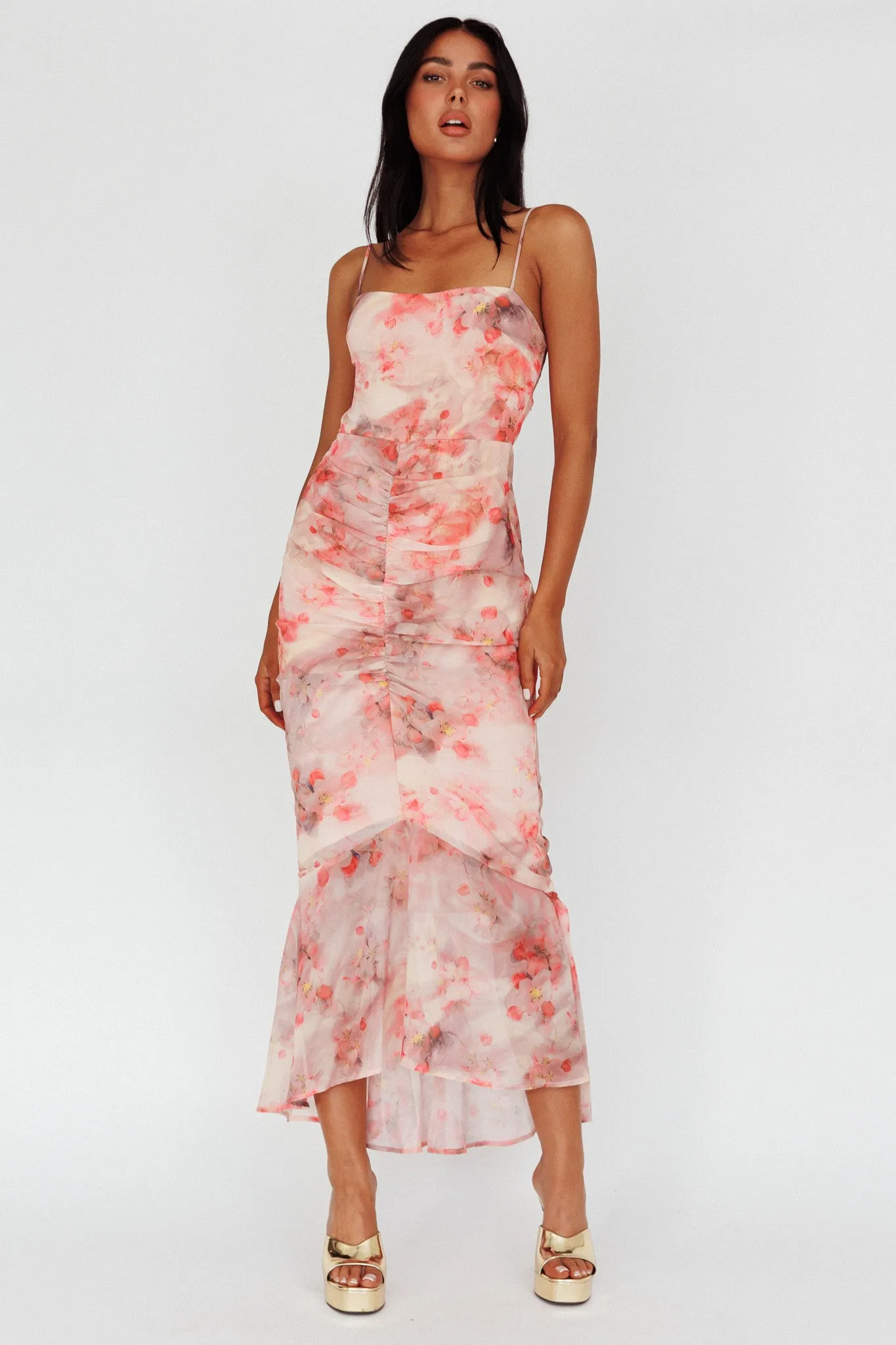Sayna Ruched Front Midi Dress Floral Pink sold by Selfie Leslie