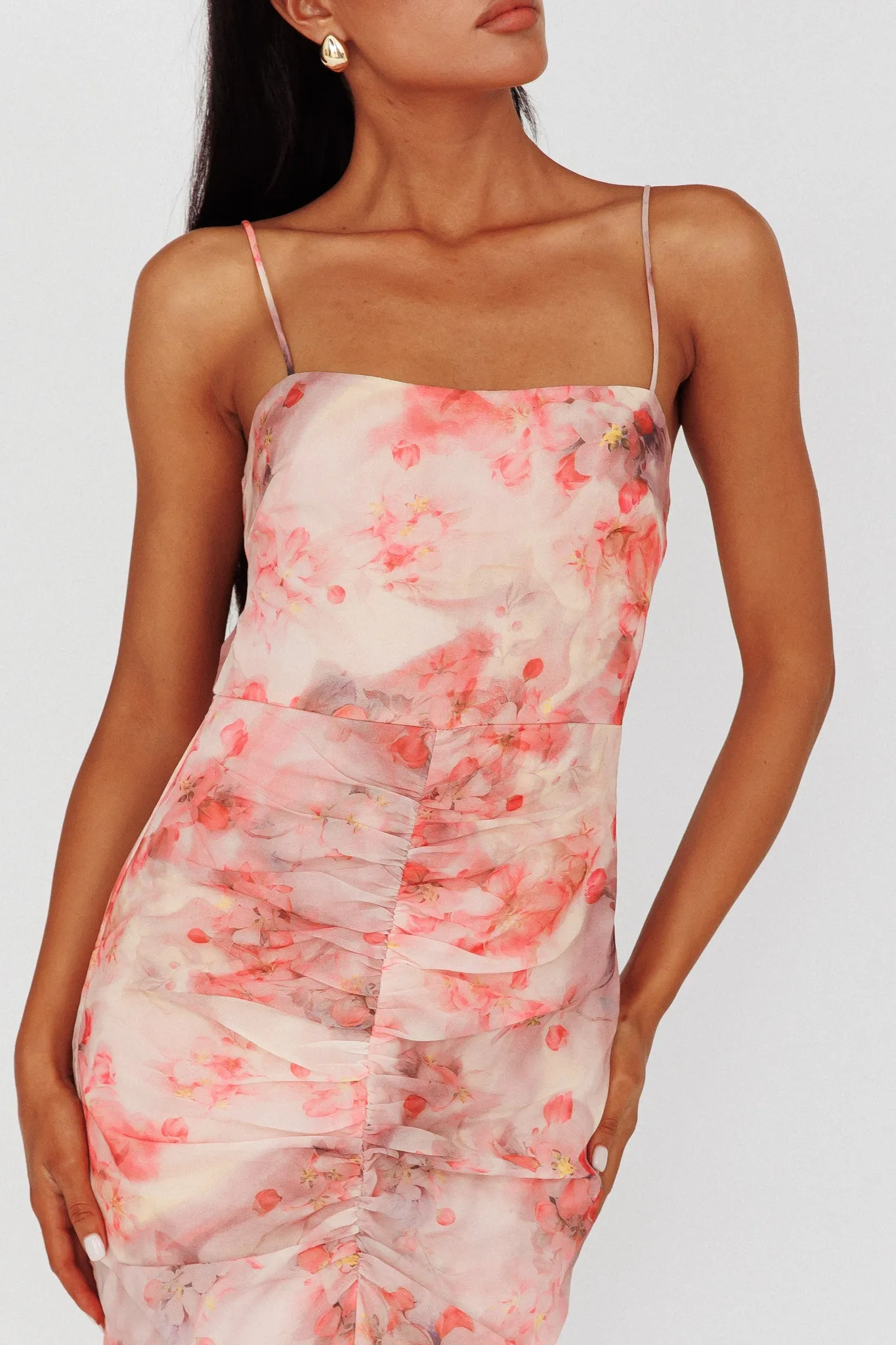 Sayna Ruched Front Midi Dress Floral Pink sold by Selfie Leslie product image thumbnail 4