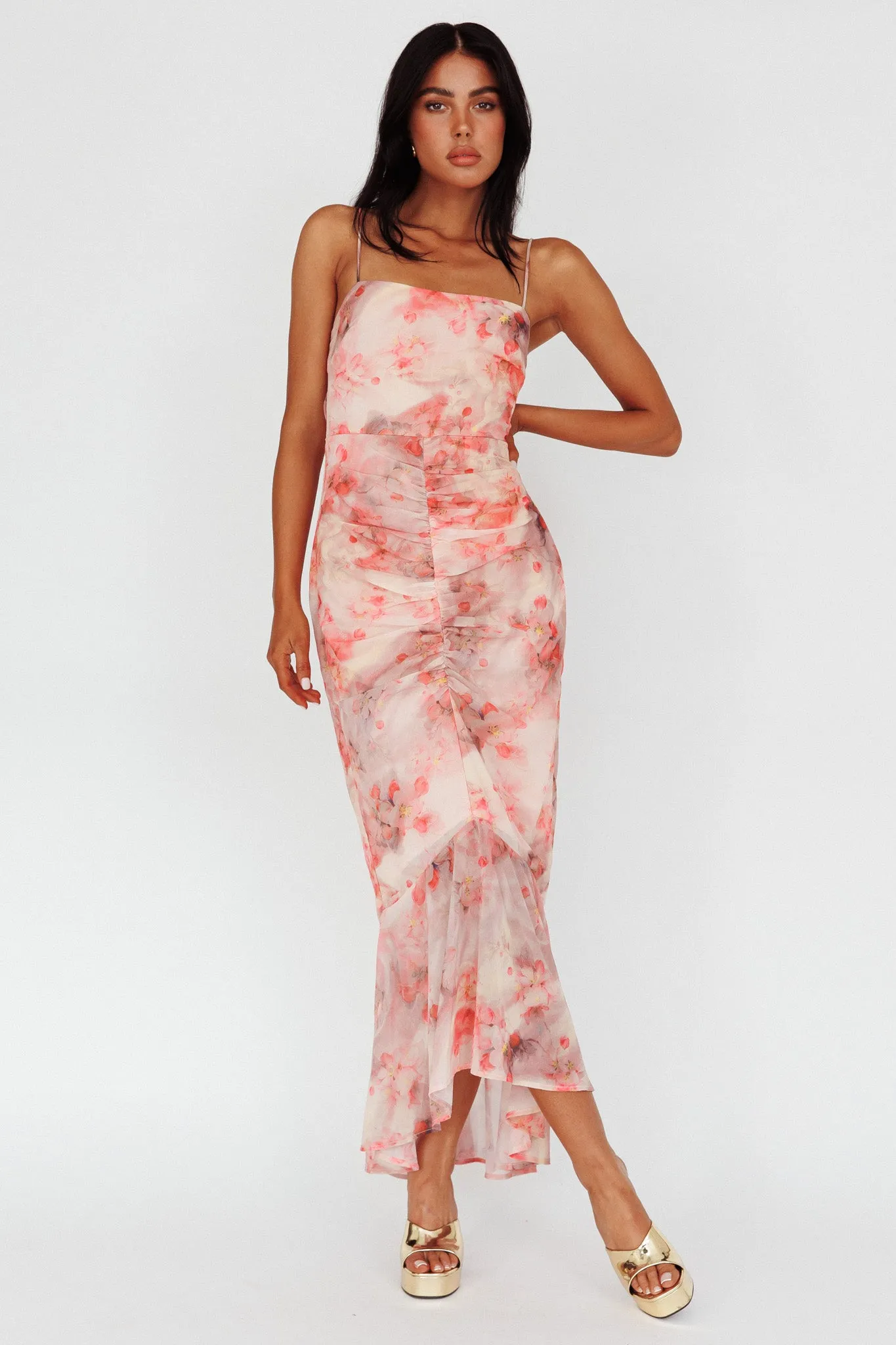 Sayna Ruched Front Midi Dress Floral Pink sold by Selfie Leslie product image thumbnail 3