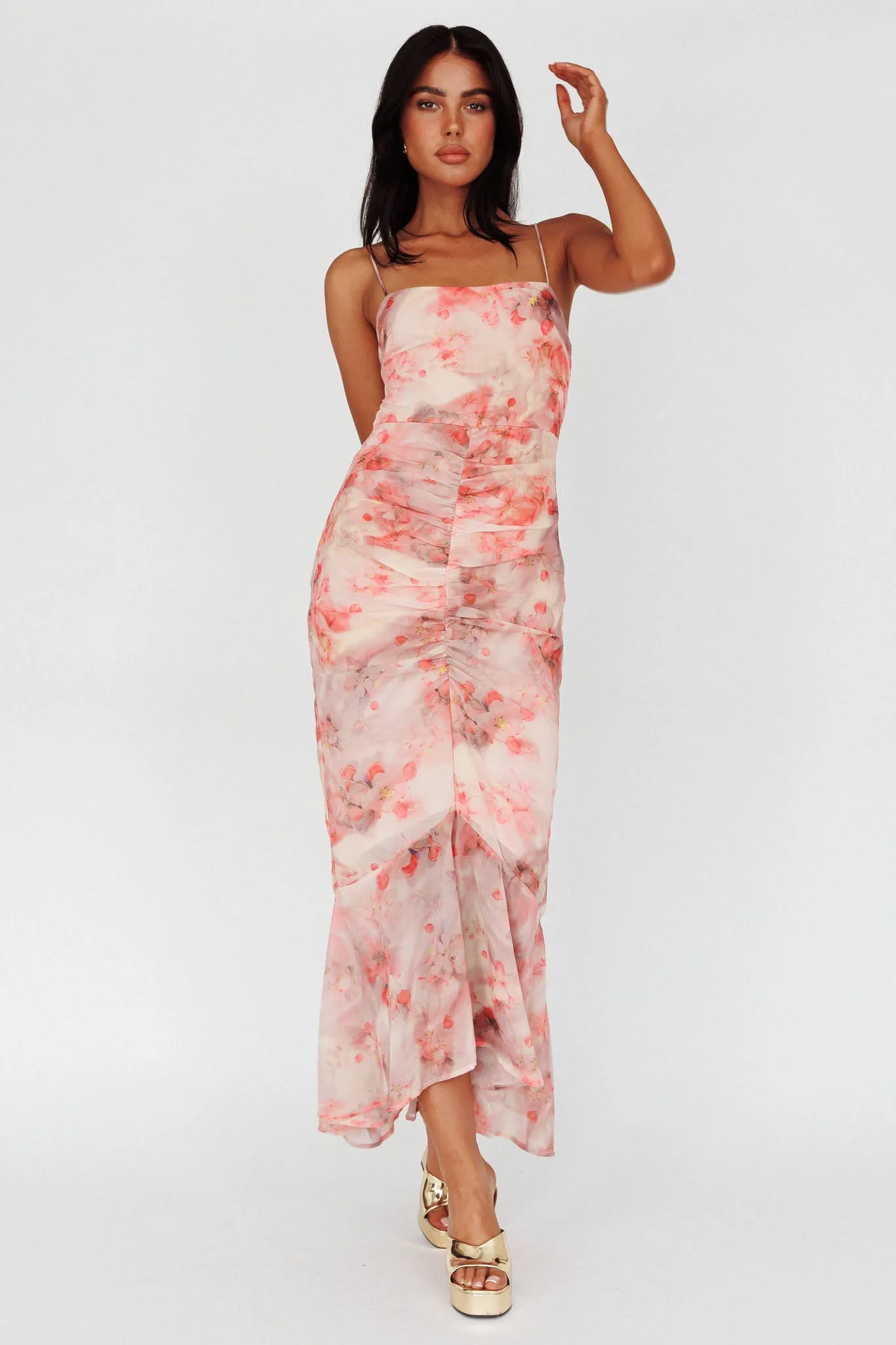 Sayna Ruched Front Midi Dress Floral Pink sold by Selfie Leslie product image thumbnail 5