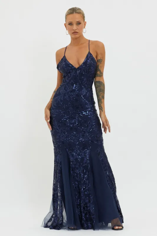 Serenade Song Godet Hem Sequin Maxi Dress Navy sold by Selfie Leslie