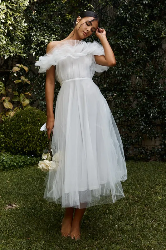 May Rose Off-Shoulder Tulle Midi Dress Off White sold by Selfie Leslie