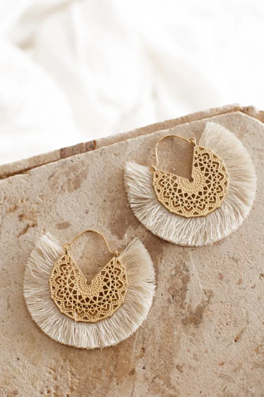 Bali Gold Filigree Fringing Earrings Beige made by Selfie Leslie