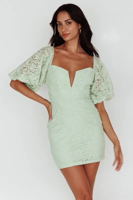Good Vibes Puff Sleeve Deep V-Neckline Lace Mini Dress Sage sold by Selfie Leslie