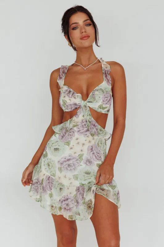 Violette Ruffle Strap Cut-Out Mini Dress Floral White sold by Selfie Leslie