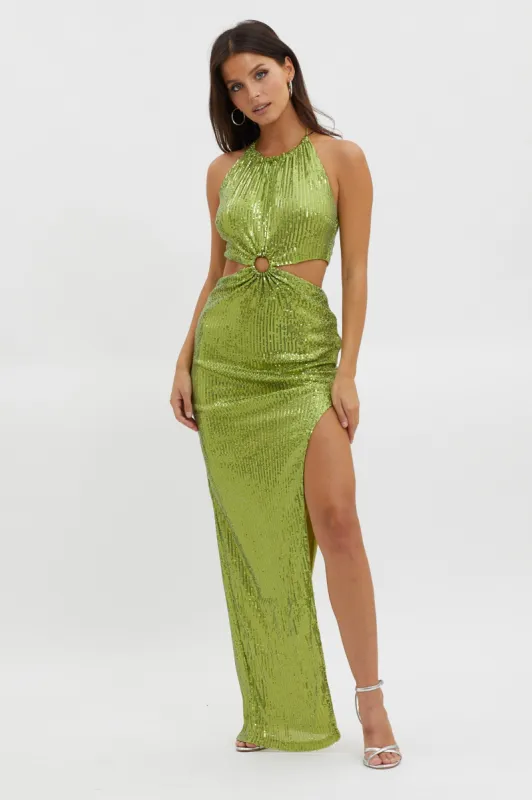Astral Halterneck Sequin Dress Lime sold by Selfie Leslie