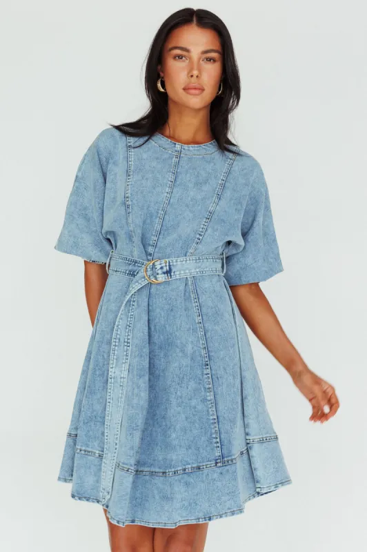 Cadijah Puff Sleeve Belted Mini Dress Denim Blue sold by Selfie Leslie