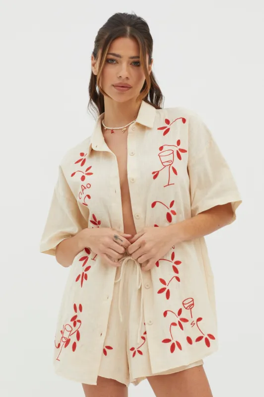 Ciao Ciao Embroidered Button-Up Shirt Oat sold by Selfie Leslie