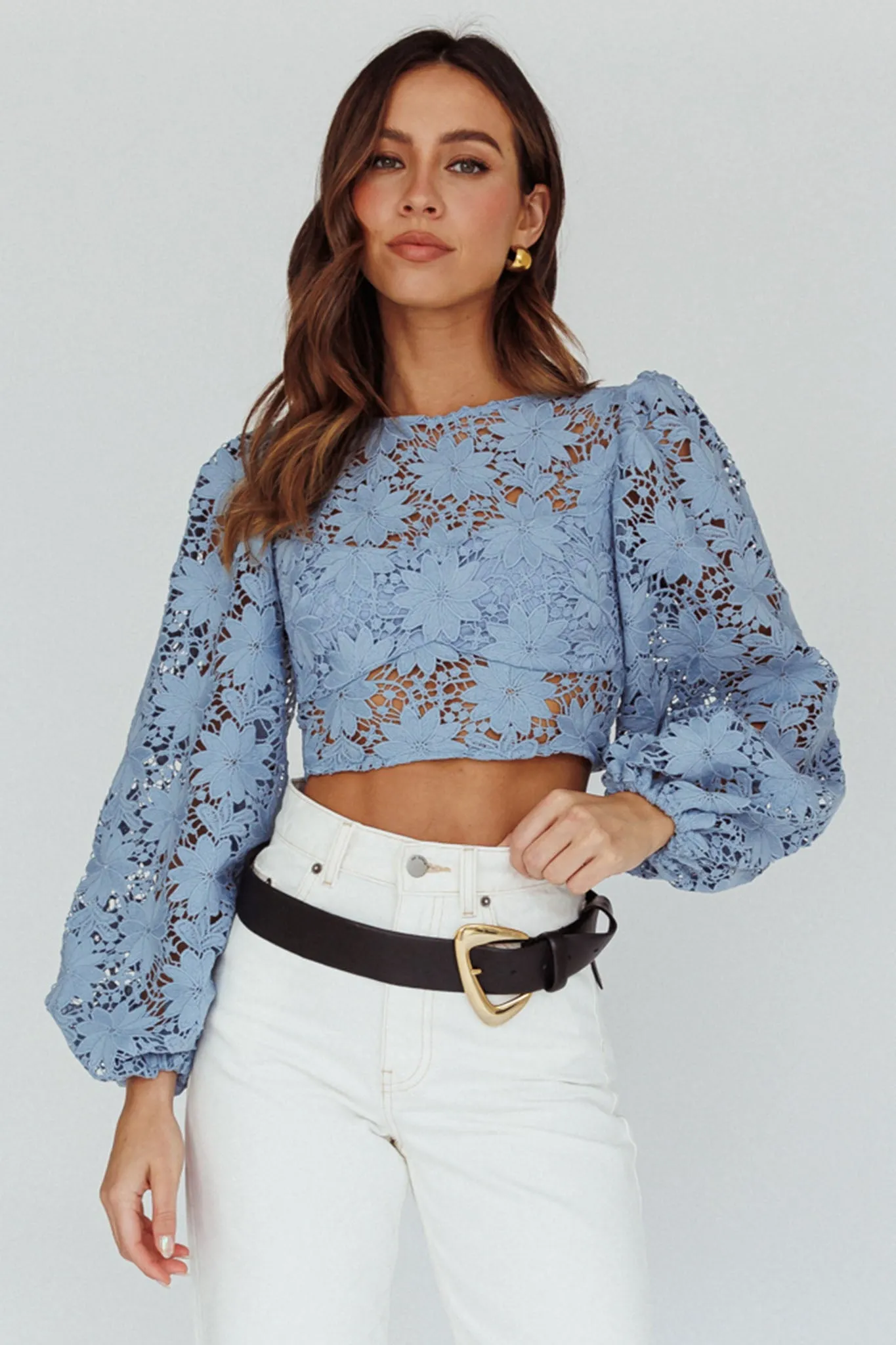Arriana Balloon Sleeve Lace Crop Top Blue sold by Selfie Leslie