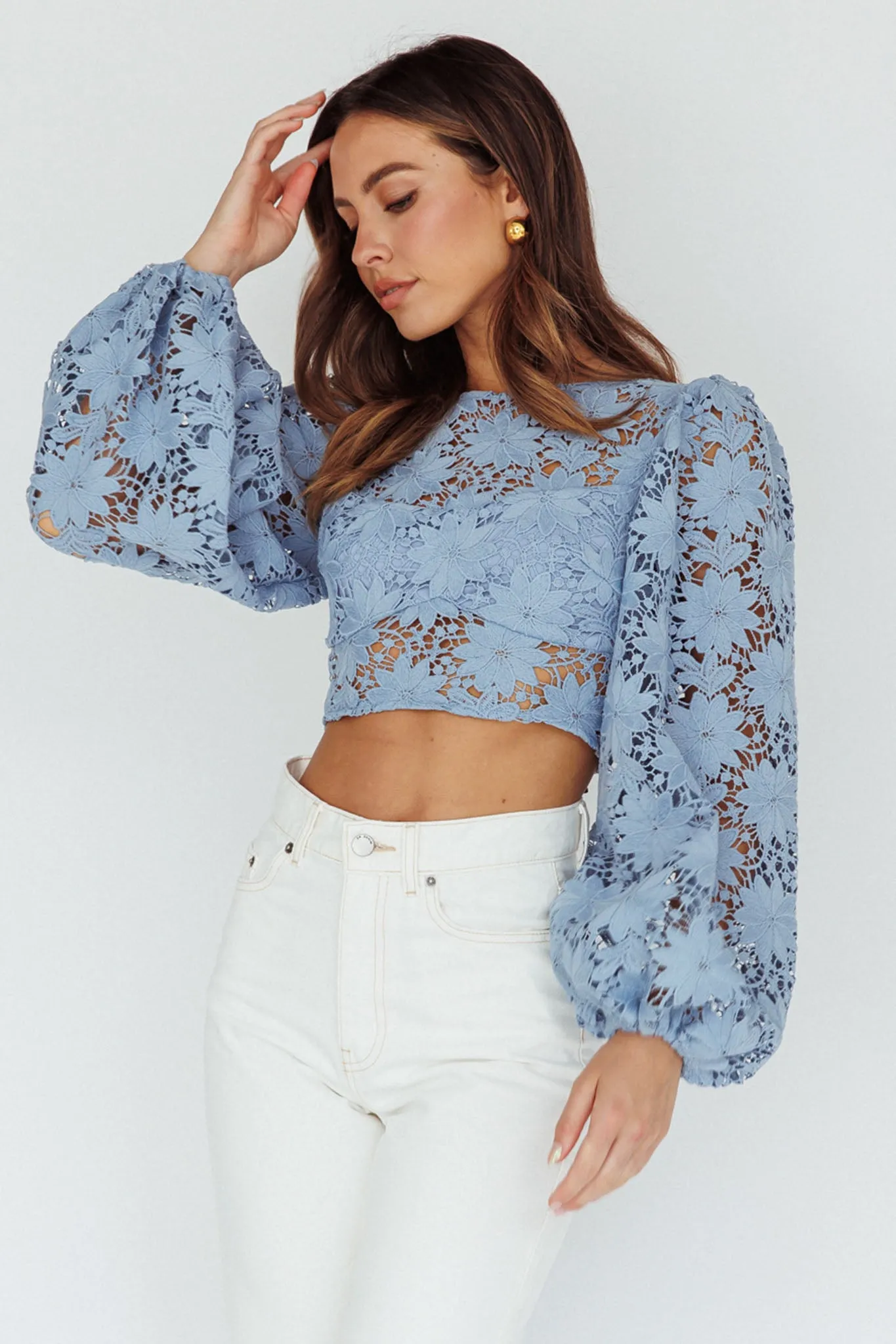 Arriana Balloon Sleeve Lace Crop Top Blue sold by Selfie Leslie product image thumbnail 5