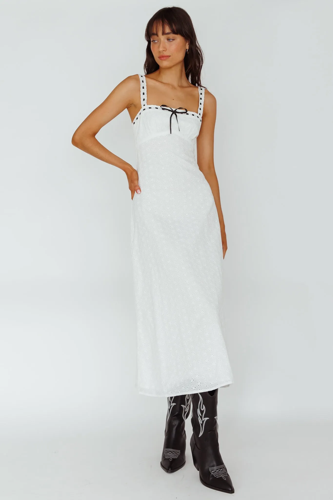 Sunbeam Eyelet Embroidery Bow Midi Dress White sold by Selfie Leslie product image thumbnail 5