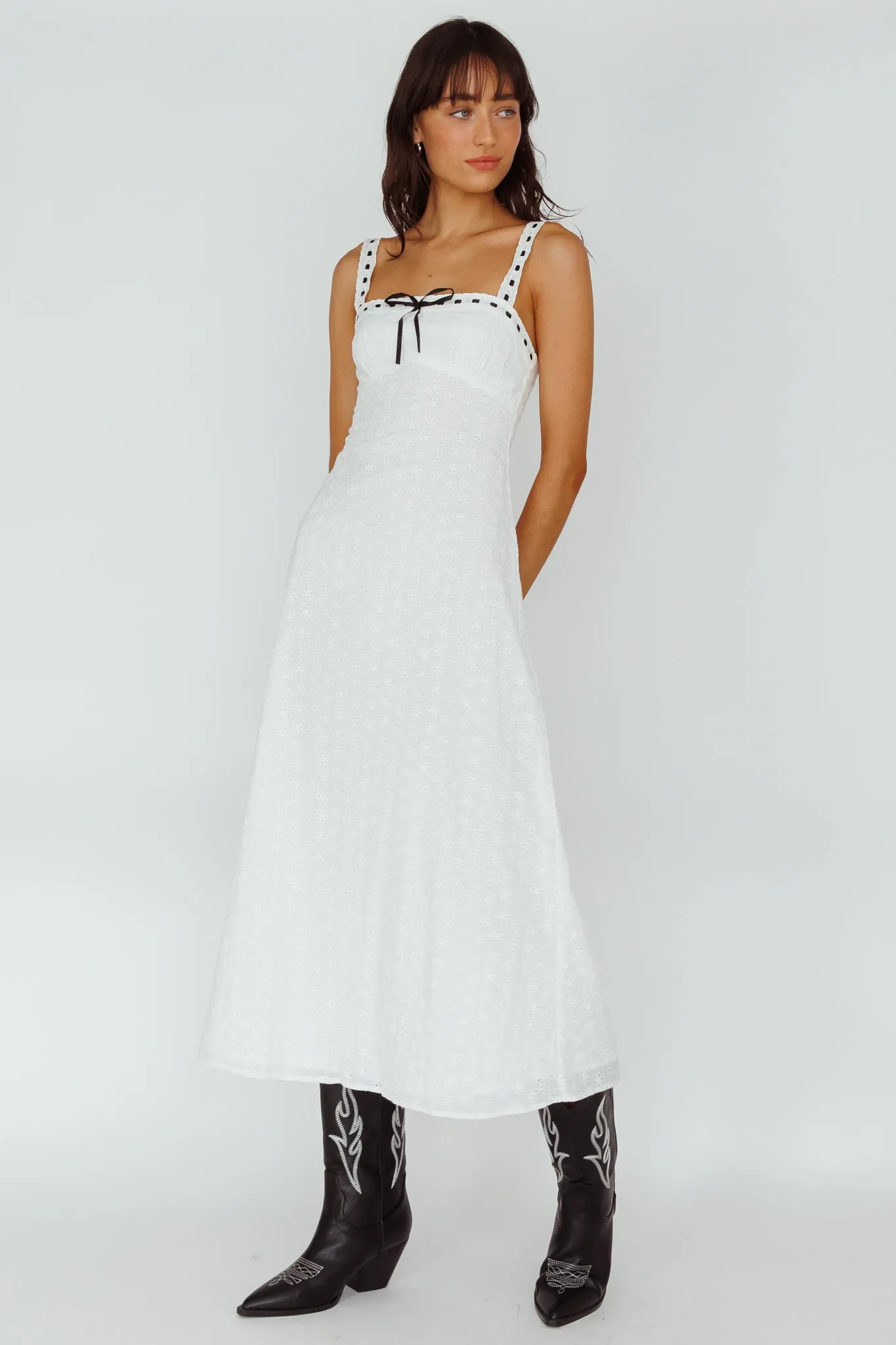 Sunbeam Eyelet Embroidery Bow Midi Dress White sold by Selfie Leslie