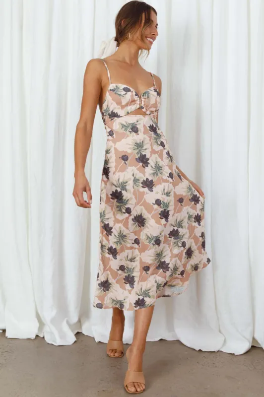 Melancholy Resin Buckle Satin Midi Floral Dress Mocha sold by Selfie Leslie