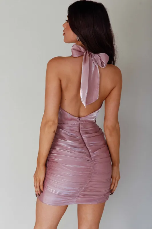 Elvira Halterneck Ruched Mini Dress Mauve sold by Selfie Leslie