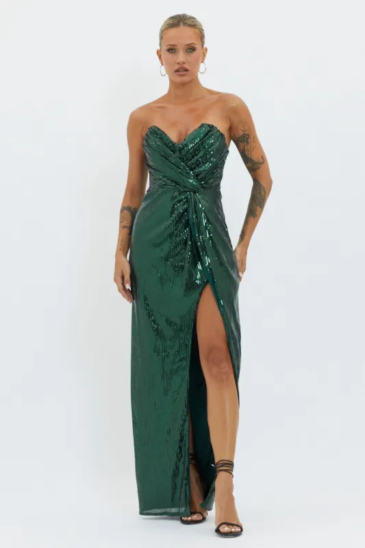 Angel Energy Strapless Sequin Maxi Dress Hunter Green sold by Selfie Leslie